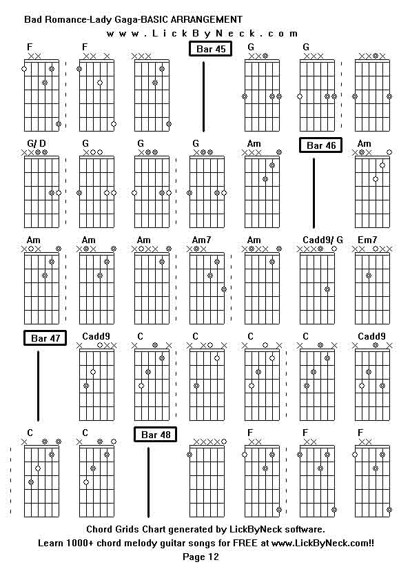 Chord Grids Chart of chord melody fingerstyle guitar song-Bad Romance-Lady Gaga-BASIC ARRANGEMENT,generated by LickByNeck software.